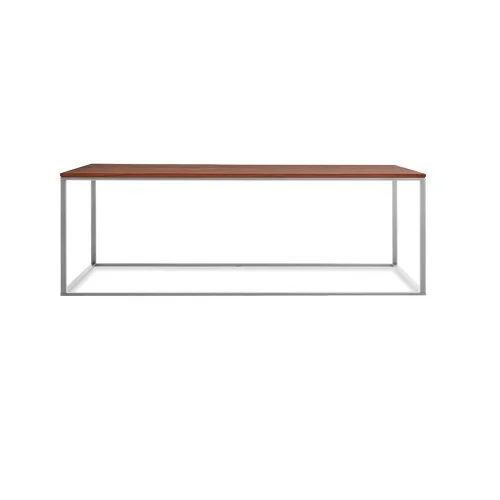 Blu Dot Minimalista Coffee Table, minimalist coffee table, contemporary furniture, walnut veneer table, Carrara marble coffee table, powder-coated steel frame, sleek versatile coffee table.