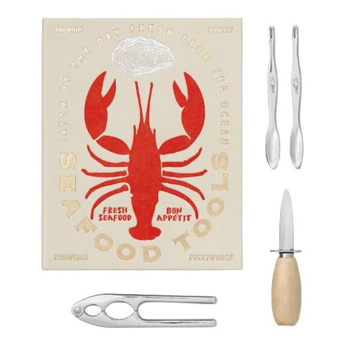 Printworks Essentials Seafood Tools five-piece stainless steel set in book-style box