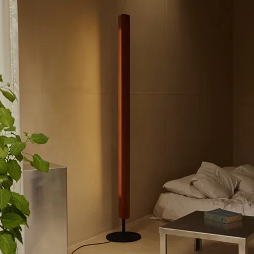 Modern Flos lighting with ash wood, chromed metal, and black iron construction.