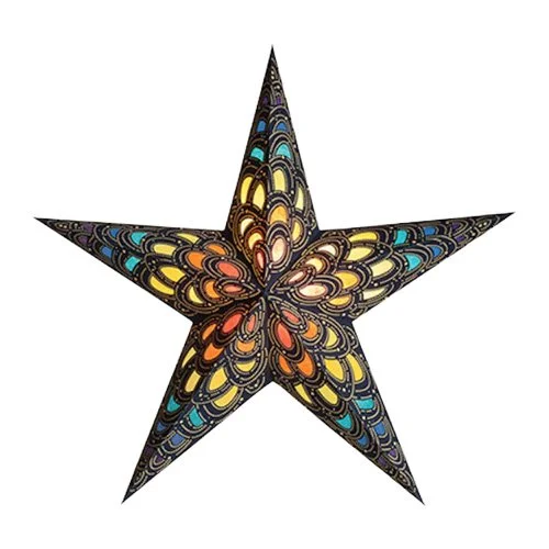 Artecnica Nari Rainbow Starlightz handmade paper lantern glowing with vivid rainbow hues.