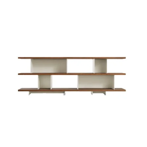 Three-shelf asymmetrical storage solution in wood and metal by Blu Dot.