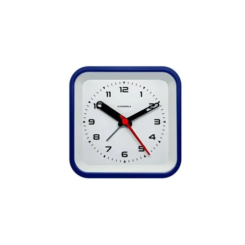 Bold blue alarm clock with retro train station design