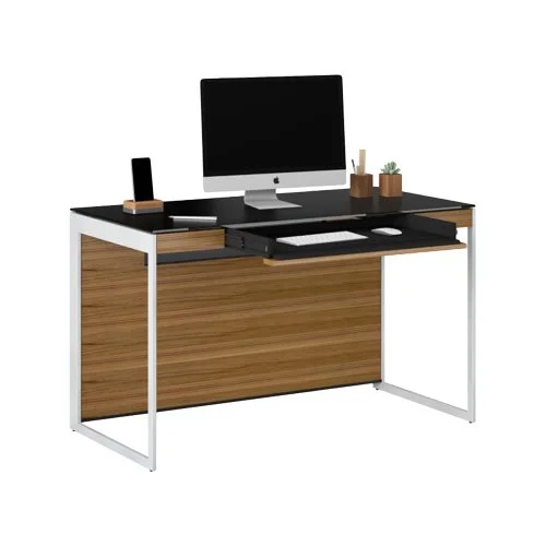 Compact home office workstation in walnut with steel frame and glass surface. (Copy)
