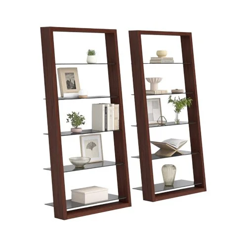 Ladder-style leaning shelf with tempered glass shelves and rich walnut frame.