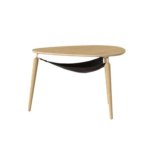 Modern Scandinavian oak coffee table with soft curves and functional details.