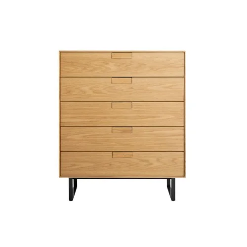 Minimalist 5-drawer dresser in wood veneer with clean architectural lines.