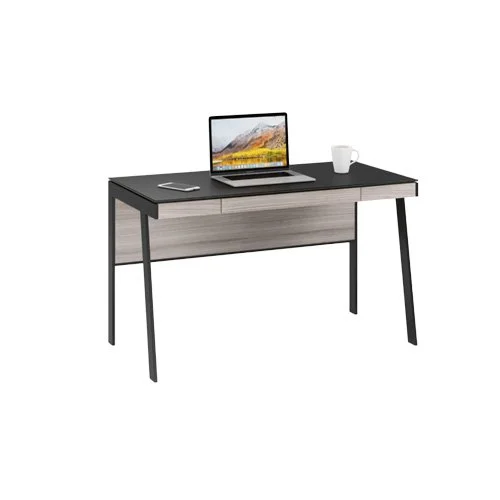 Fingerprint‑resistant glass desk from BDI with space‑saving features and clean lines.