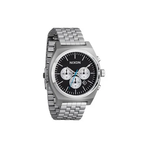 Stainless steel chronograph watch with textured subdials and date complication