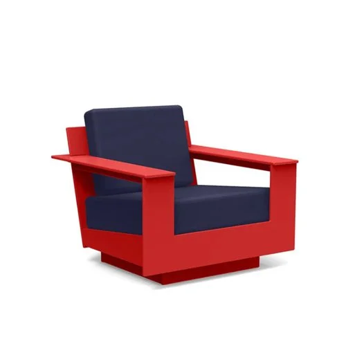 Durable and stylish weatherproof patio chair featuring contemporary angles and cushioned comfort.