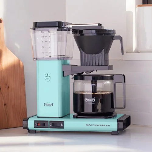 Turquoise Moccamaster KBGV Select with selector switch for half or full carafe brewing.