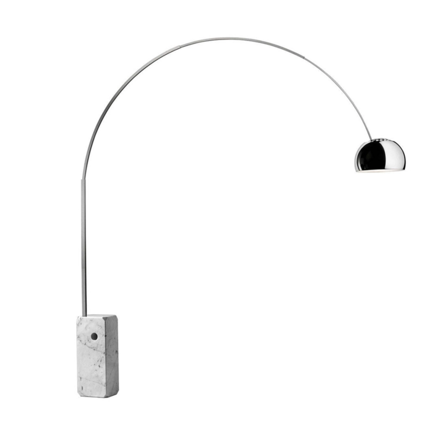 Arco floor lamp with telescoping stainless arch and sculptural marble base.
