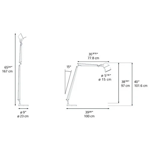 Technical modern floor lamp featuring stainless tension cables and tiltable head.