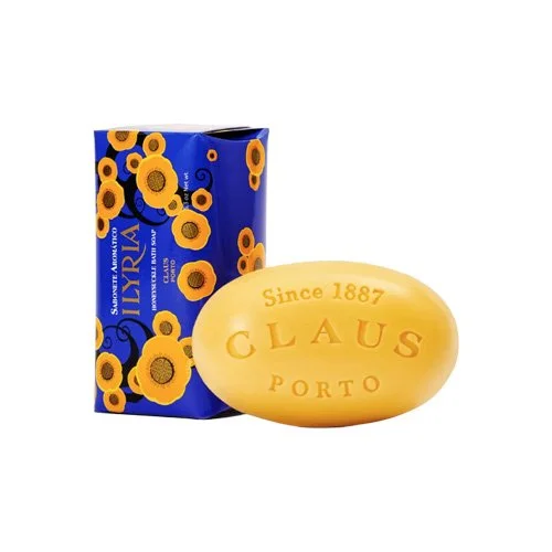Ilyria Honeysuckle Soap by Claus Porto with lemon and jasmine notes in blue and gold packaging.