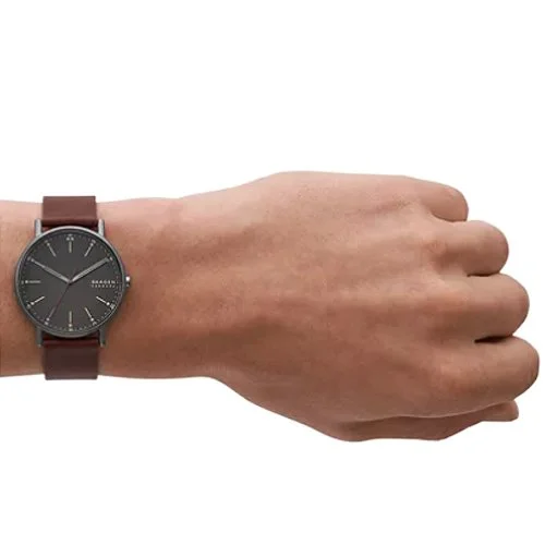 Skagen Signatur watch with cherry wood dial and leather strap