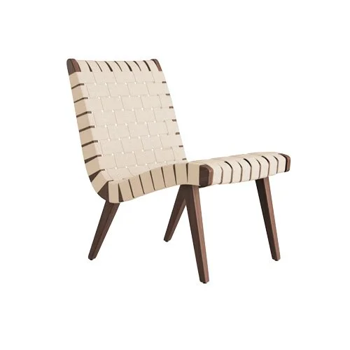 Risom Lounge Chair by Knoll in light walnut with armless frame and woven cotton seat.