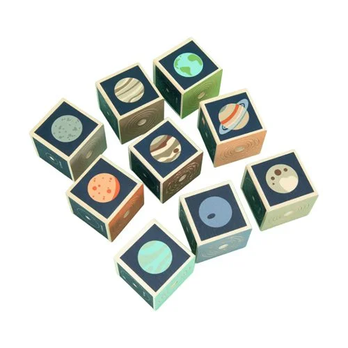 Basswood educational block set featuring planetary graphics for hands-on STEM exploration.