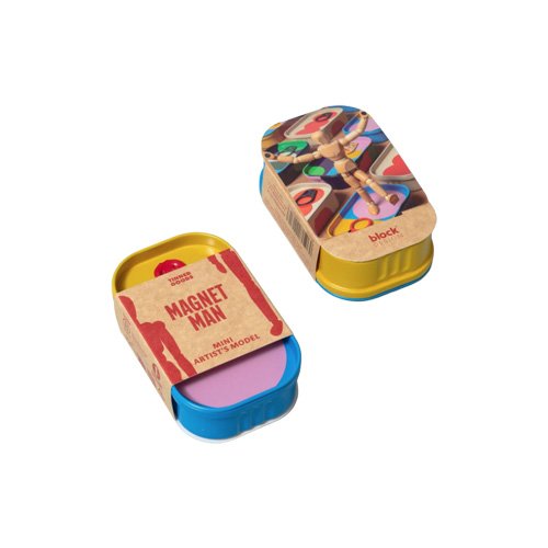 Wooden articulated artist figure presented in reusable metal tin