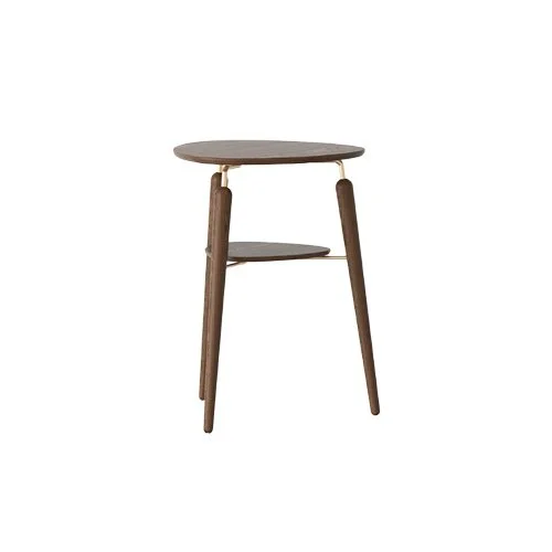 Scandinavian round side table in dark oak with tripod legs and functional details.