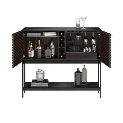 Compact modern bar stand with stemware rack, bottle storage, and soft-close drawer.