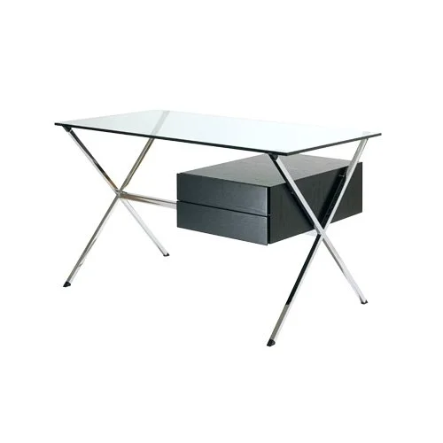 Albini Desk by Knoll with glass top, oak drawers, and steel tube frame.