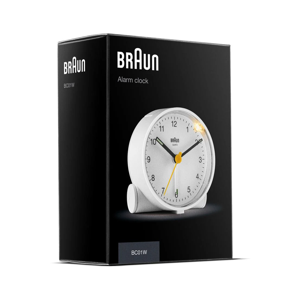Compact white Braun alarm clock with crescendo alarm