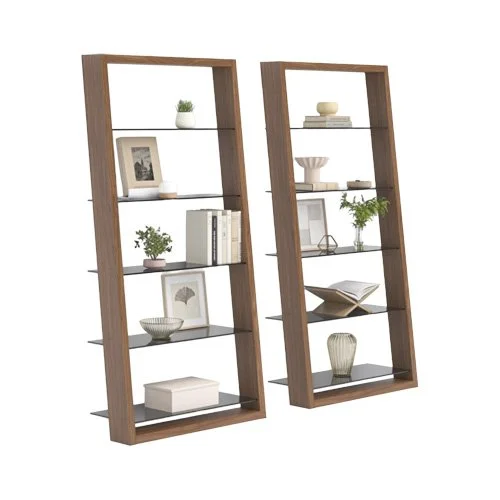 Modern ladder-style bookshelf with five tempered glass shelves and walnut finish.