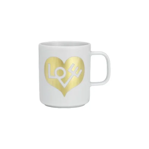 Alexander Girard Love Heart Gold Coffee Cup by Vitra in white porcelain with iconic motif.