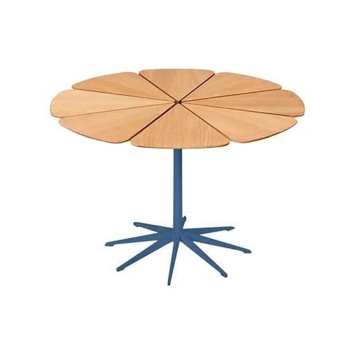 Outdoor round dining table with solid teak slats and petal-inspired design.
