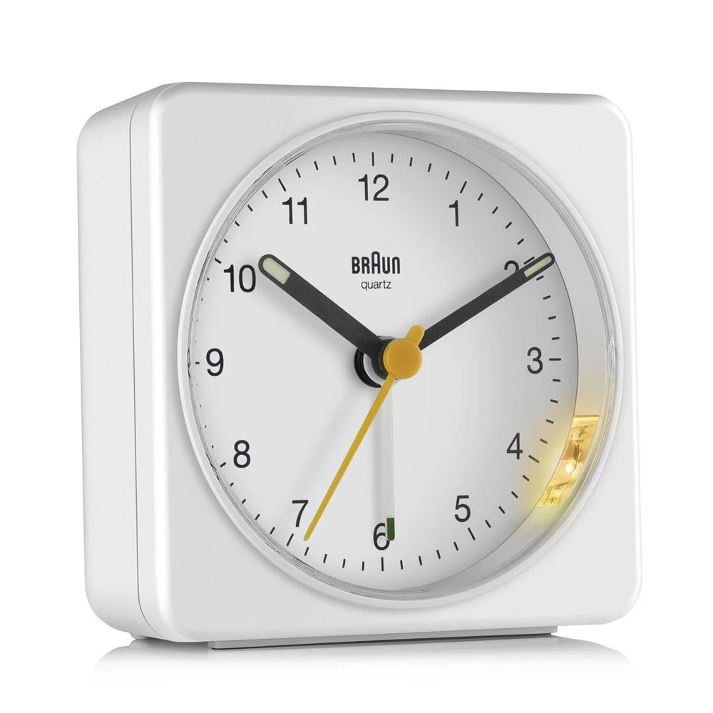 White Braun BC03 clock featuring quiet quartz movement, snooze/light, and crescendo alarm.