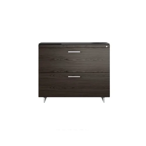 Modern office file storage with wood veneer and powder-coated base.