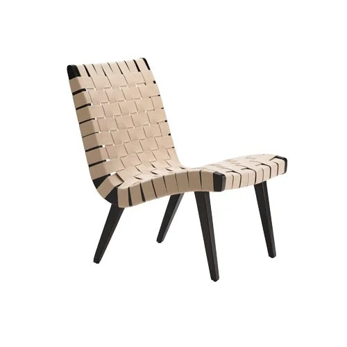 Jens Risom's armless lounge chair in black-stained wood and handwoven webbing.