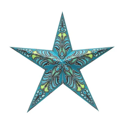 Teal paper star lantern crafted from wood free, chlor free materials.