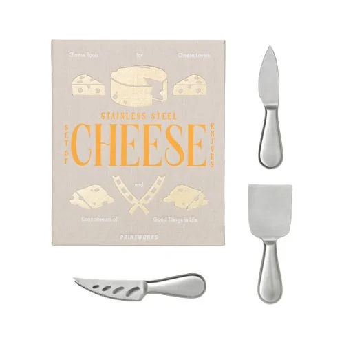 Printworks Essentials Cheese Tools four-piece stainless steel set in book-style box