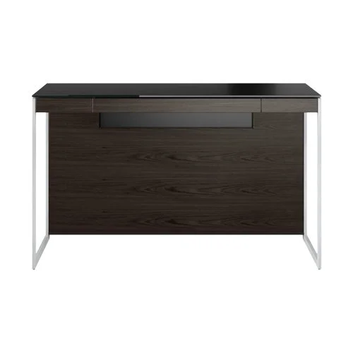 Sequel 20 6103 Compact Desk by BDI in charcoal-stained ash with black glass top.