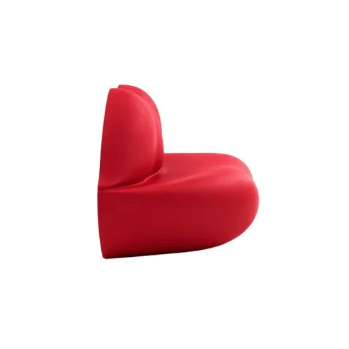 Sculptural red accent chair designed by Studio 65, UV-stable and weatherproof.