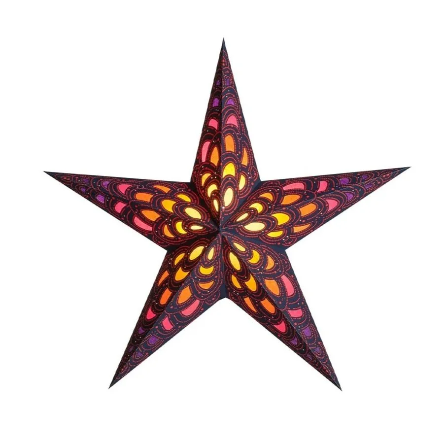 Artecnica Nari Ruby Starlightz handmade paper lantern glowing with deep ruby and gold tones.