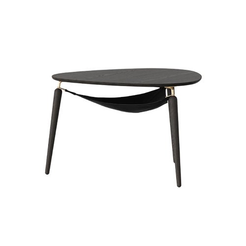 Compact functional coffee table with black oak top and removable storage shelf.