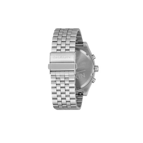 Nixon metal watch with Japanese quartz chronograph movement and 100 meter water rating