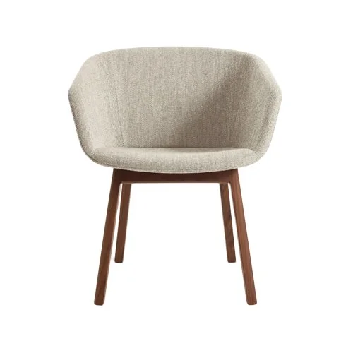 Modern dining chair with soft upholstery and walnut base design