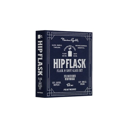 Printworks hip flask kit in book-style box with stainless steel tools