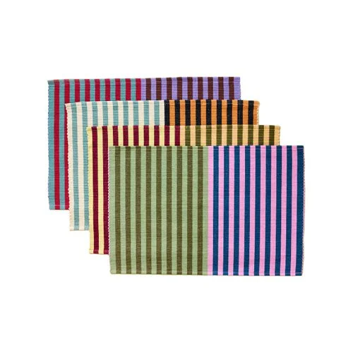 Mixed set of four colourful Duo Stripe cotton placemats by Dusen Dusen in tri-colour stripes