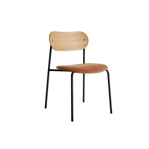 Modern armchair with exposed wood structure and angular design.