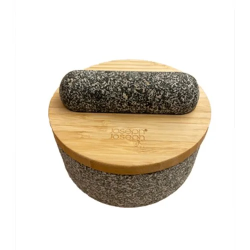 Durable granite mortar and pestle featuring bamboo cover and ergonomic design