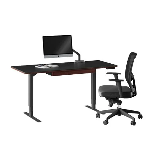 Sequel 20 6151 and 6152 height-adjustable desks in chocolate-stained walnut with black glass top.