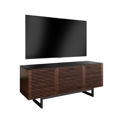 Louvered modern TV cabinet with media drawer and cable management.