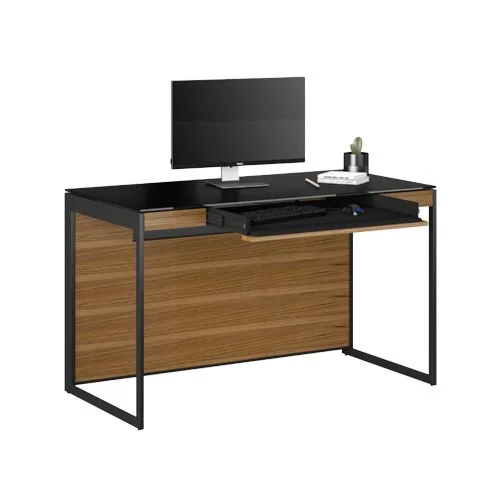 Sequel 20 6103 Compact Desk in natural walnut with satin-etched black glass top.