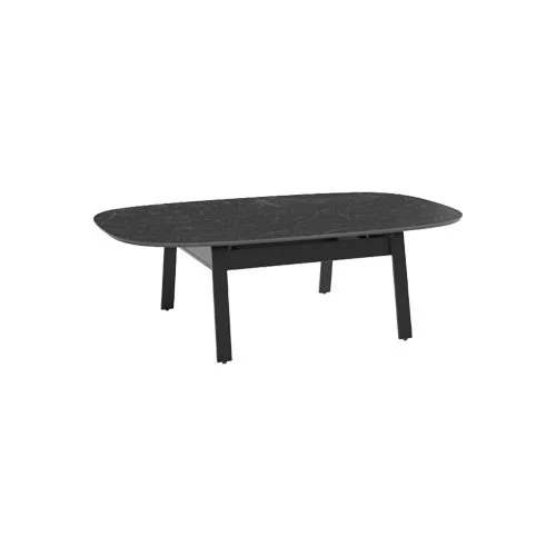 Modern convertible table with satin-etched glass base and hidden storage.