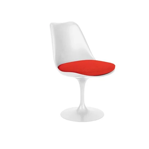 Saarinen Tulip Side Chair by Knoll in Crossroad fabric with white pedestal base.