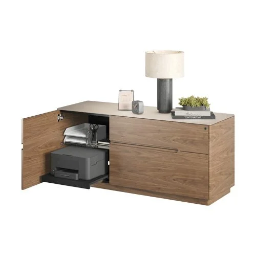 Modern hardwood storage cabinet featuring pull-out printer tray and adjustable shelf. (Copy)