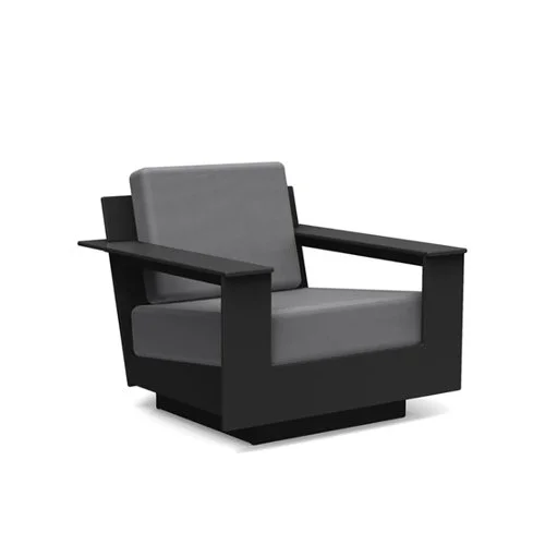 Durable and stylish weatherproof patio chair featuring contemporary angles and cushioned comfort.